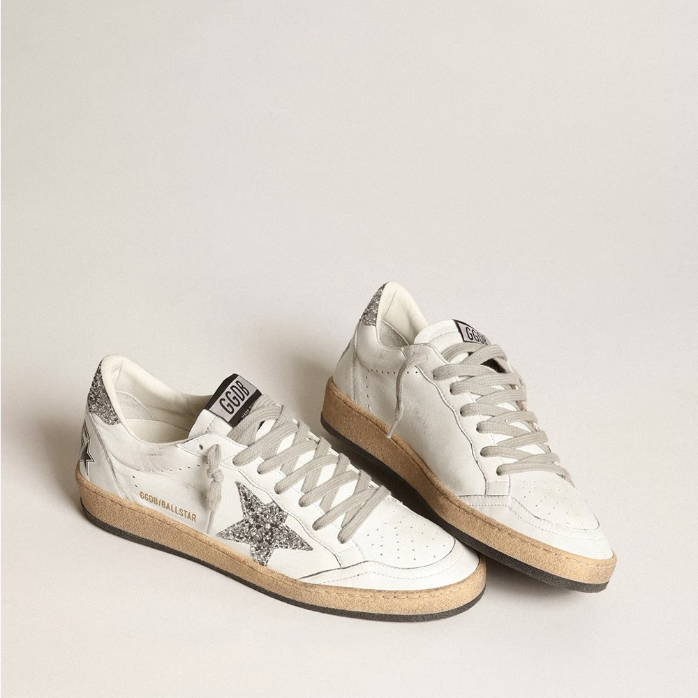 Golden Goose White and Silver Star Sneakers